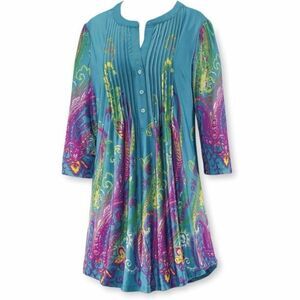 Serengeti Aqua Paisley Pintuck Tunic Top Women’s 1X